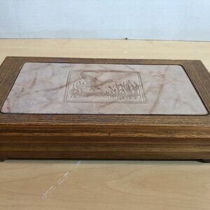 VINTAGE Wooden Loon Box with Chess Checkers Pieces Foldout #F78